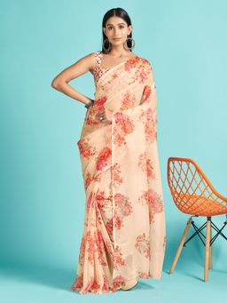Akhilam - Organza Cream Digital Print Designer Saree With Blouse Piece