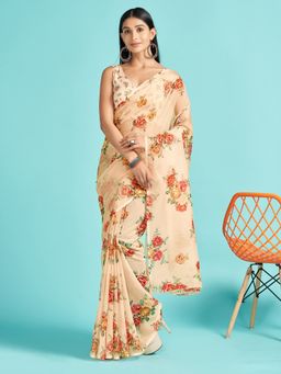 Akhilam - Organza Cream Digital Print Designer Saree With Blouse Piece