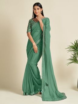 Sareemall - Georgette Sea Green Embellished Designer Saree With Blouse Piece
