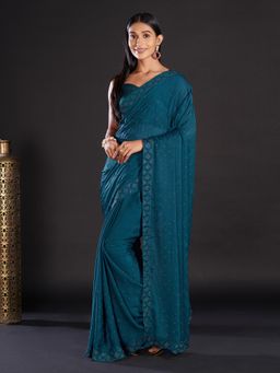 Akhilam - Satin Teal blue Embellished Designer Saree With Blouse Piece