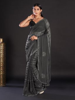 Akhilam - Georgette Grey Embellished Designer Saree With Blouse Piece