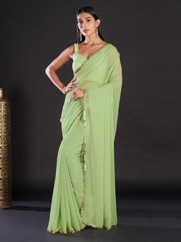 Akhilam - Georgette Green Solid And Embellished Designer Saree With Blouse Piece