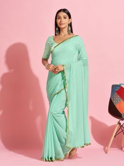 Akhilam - Georgette Sea Green Solid And Embellished Designer Saree With Blouse Piece