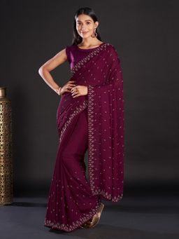 Akhilam - Satin Purple Embellished Designer Saree With Blouse Piece