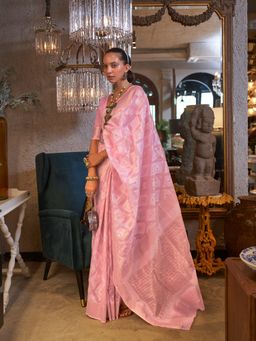 Akhilam - Pure Linen Pink Woven Designer Saree With Blouse Piece