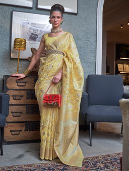 Akhilam - Pure Linen Yellow Woven Designer Saree With Blouse Piece