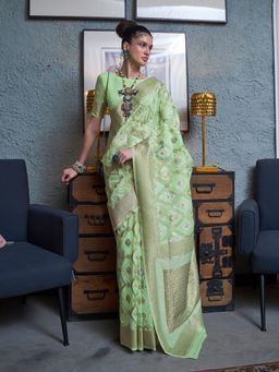 Akhilam - Pure Linen Light Green Woven Designer Saree With Blouse Piece