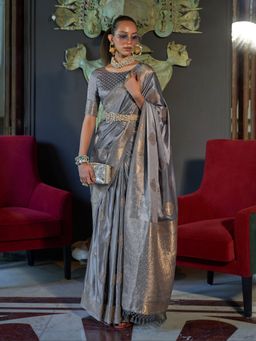 Akhilam - Silk Blend Grey Woven Designer Saree With Blouse Piece