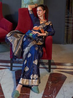 Akhilam - Silk Blend Navy Blue Woven Designer Saree With Blouse Piece