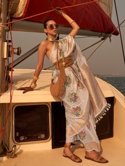 Akhilam - Silk Blend Cream Woven Designer Saree With Blouse Piece