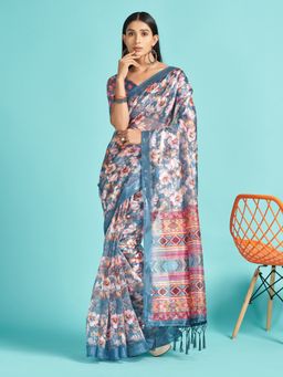 Sareemall - Organza Blue Digital Print Designer Saree With Blouse Piece