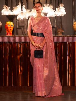 Akhilam - Pure Linen Pink Woven Designer Saree With Blouse Piece