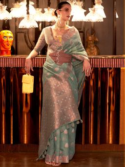 Akhilam - Pure Linen Sea Green Woven Designer Saree With Blouse Piece
