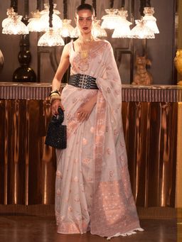 Akhilam - Pure Linen Off White Woven Designer Saree With Blouse Piece