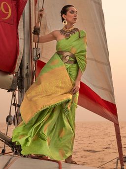 Akhilam - Silk Blend Lime Green Woven Designer Saree With Blouse Piece