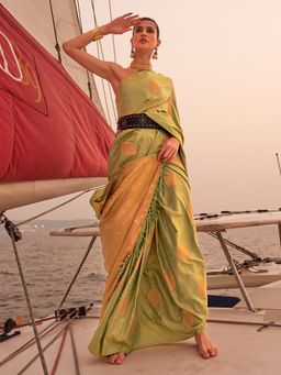 Akhilam - Silk Blend Light Green Woven Designer Saree With Blouse Piece