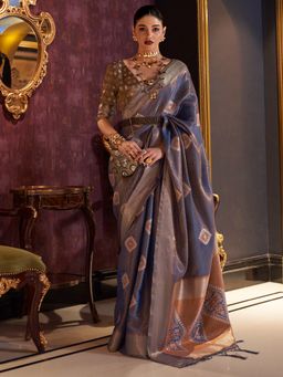 Akhilam - Silk Blend Navy Blue Woven Designer Saree With Blouse Piece