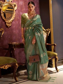 Akhilam - Silk Blend Sea Green Woven Designer Saree With Blouse Piece