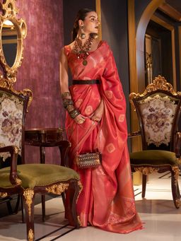 Akhilam - Silk Blend Red Woven Designer Saree With Blouse Piece