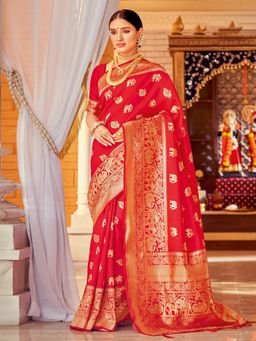 Akhilam - Silk Blend Red Woven Designer Saree With Blouse Piece