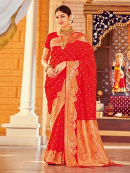 Akhilam - Silk Blend Red Woven Designer Saree With Blouse Piece