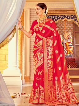 Akhilam - Silk Blend Red Woven Designer Saree With Blouse Piece