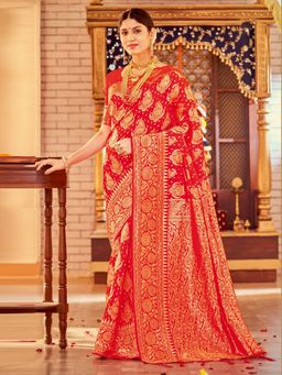 Akhilam - Silk Blend Red Woven Designer Saree With Blouse Piece