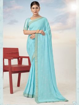 Sareemall - Georgette Turquoise Embellished Designer Saree With Blouse Piece