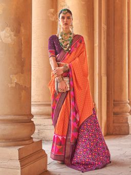 Akhilam - Silk Blend Orange Woven Designer Saree With Blouse Piece