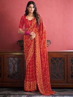 Sareemall - Georgette Red Printed Designer Saree With Blouse Piece