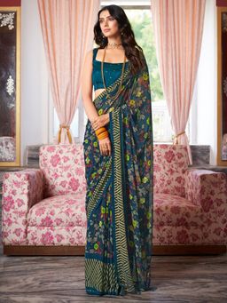 Sareemall - Georgette Teal blue Printed Designer Saree With Blouse Piece