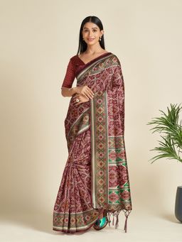 Akhilam - Silk Blend Wine Printed Designer Saree With Blouse Piece