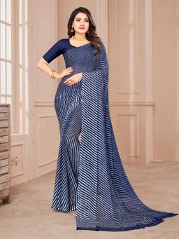 Akhilam - Chiffon Navy Blue Printed Designer Saree With Blouse Piece