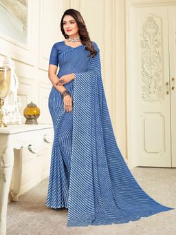 Akhilam - Chiffon Blue Printed Designer Saree With Blouse Piece