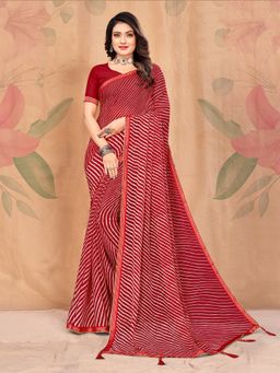 Akhilam - Chiffon Red Printed Designer Saree With Blouse Piece