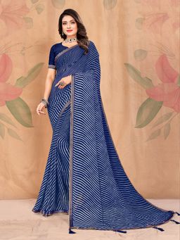 Akhilam - Chiffon Blue Printed Designer Saree With Blouse Piece