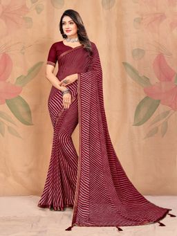 Akhilam - Chiffon Maroon Printed Designer Saree With Blouse Piece