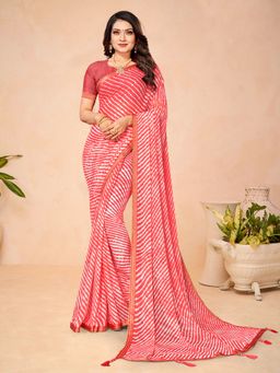 Akhilam - Chiffon Red Printed Designer Saree With Blouse Piece