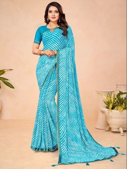 Akhilam - Chiffon Blue Printed Designer Saree With Blouse Piece