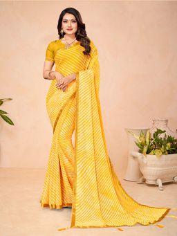 Akhilam - Chiffon Yellow Printed Designer Saree With Blouse Piece