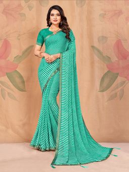 Akhilam - Chiffon Sea Green Printed Designer Saree With Blouse Piece