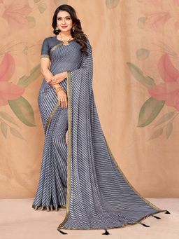 Akhilam - Chiffon Grey Printed Designer Saree With Blouse Piece