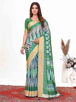Akhilam - Dola Silk Green Printed Designer Saree With Blouse Piece