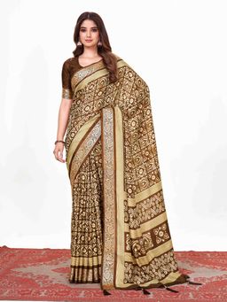 Akhilam - Dola Silk Brown Printed Designer Saree With Blouse Piece