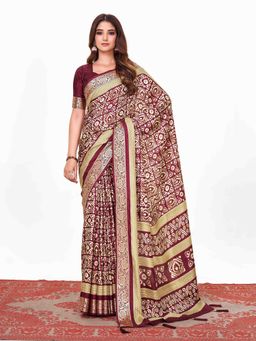 Akhilam - Dola Silk Magenta Printed Designer Saree With Blouse Piece