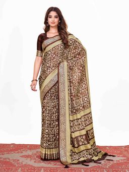 Akhilam - Dola Silk Coffee Brown Printed Designer Saree With Blouse Piece
