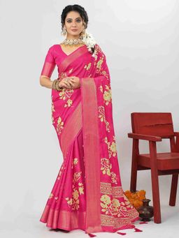 Akhilam - Dola Silk Pink Printed Designer Saree With Blouse Piece