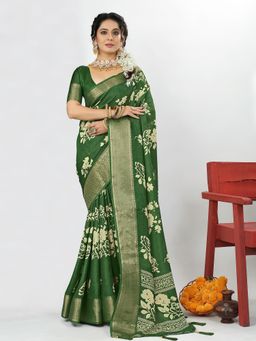 Akhilam - Dola Silk Green Printed Designer Saree With Blouse Piece