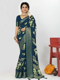 Akhilam - Dola Silk Teal blue Printed Designer Saree With Blouse Piece