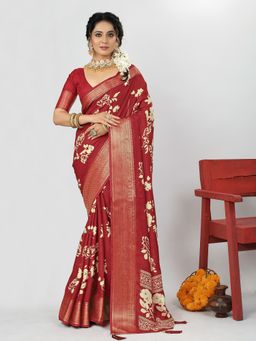 Akhilam - Dola Silk Maroon Printed Designer Saree With Blouse Piece